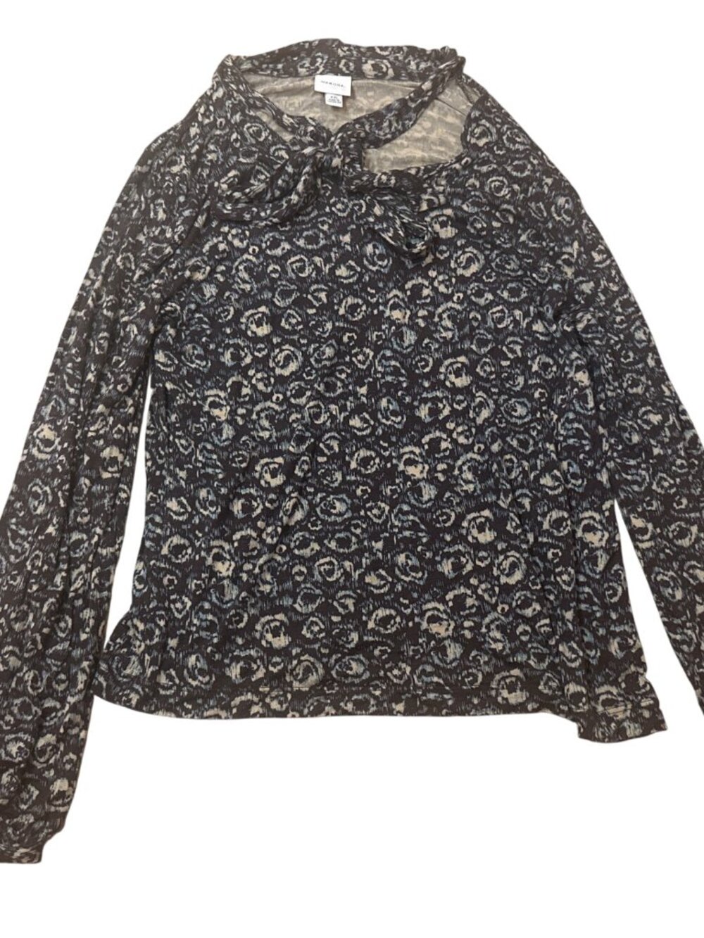 Merona Blouse XXL Womens Long Sleeve Tie Neck Blue & Beige Abstract Print Y2K